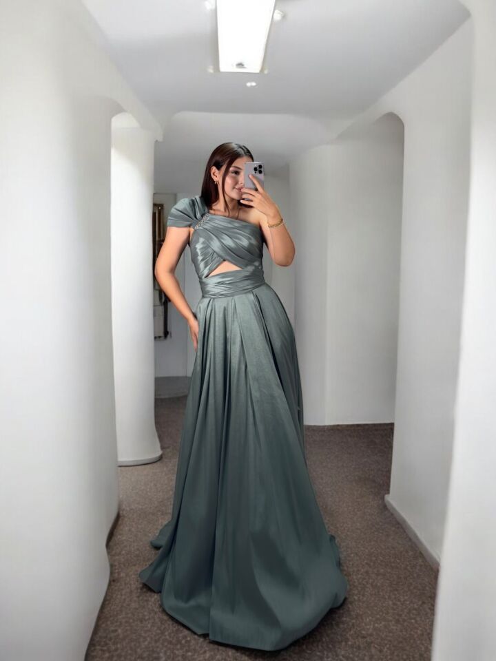 Royal Tek Omuz Tafta Saten Su Yeşili Abiye Elbise 42