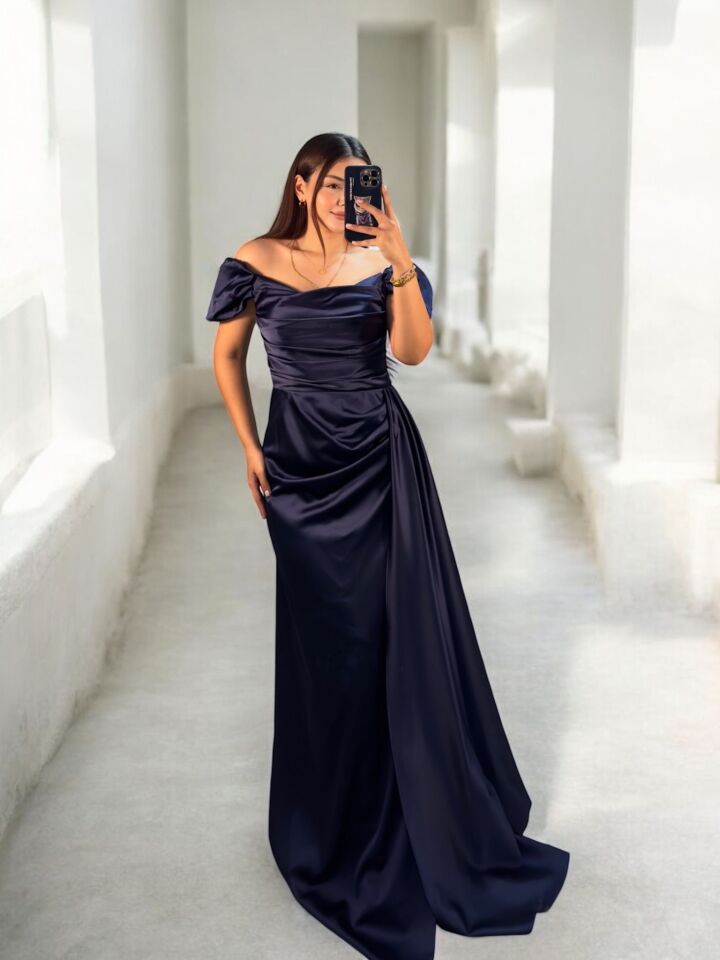 Venis Balon Düşük Kollu Gizli Yırtmaçlı Saten Lacivert Abiye Elbise 42