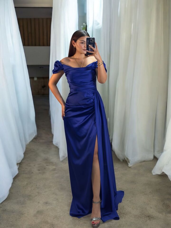 Venis Balon Düşük Kollu Gizli Yırtmaçlı Saten Saks  Abiye Elbise 38