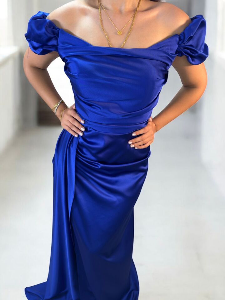 Venis Balon Düşük Kollu Gizli Yırtmaçlı Saten Saks  Abiye Elbise 42