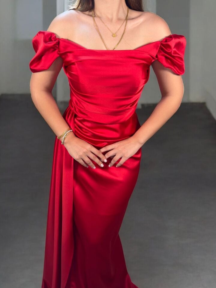 Venis Balon Düşük Kollu Gizli Yırtmaçlı Saten Kırmızı Abiye Elbise 40