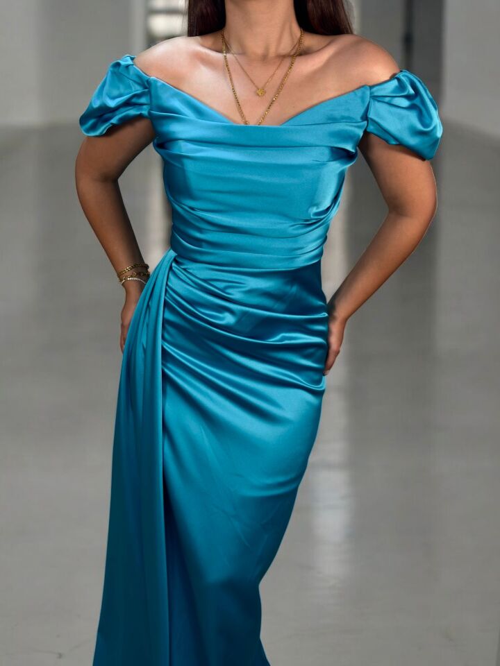 Venis Balon Düşük Kollu Gizli Yırtmaçlı Saten Gök Mavi Abiye Elbise 36