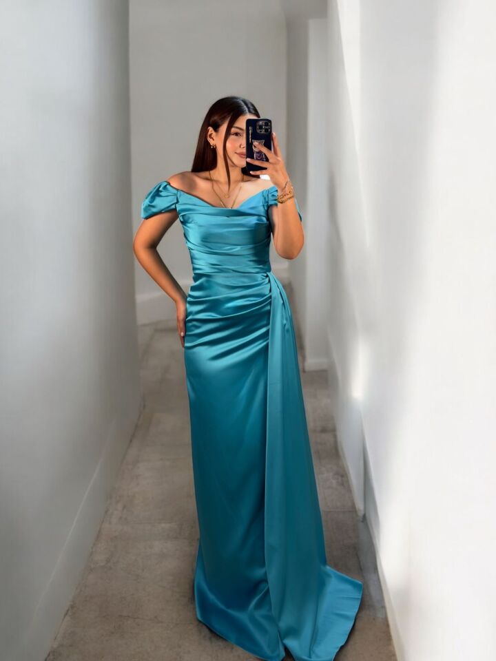 Venis Balon Düşük Kollu Gizli Yırtmaçlı Saten Gök Mavi Abiye Elbise 36