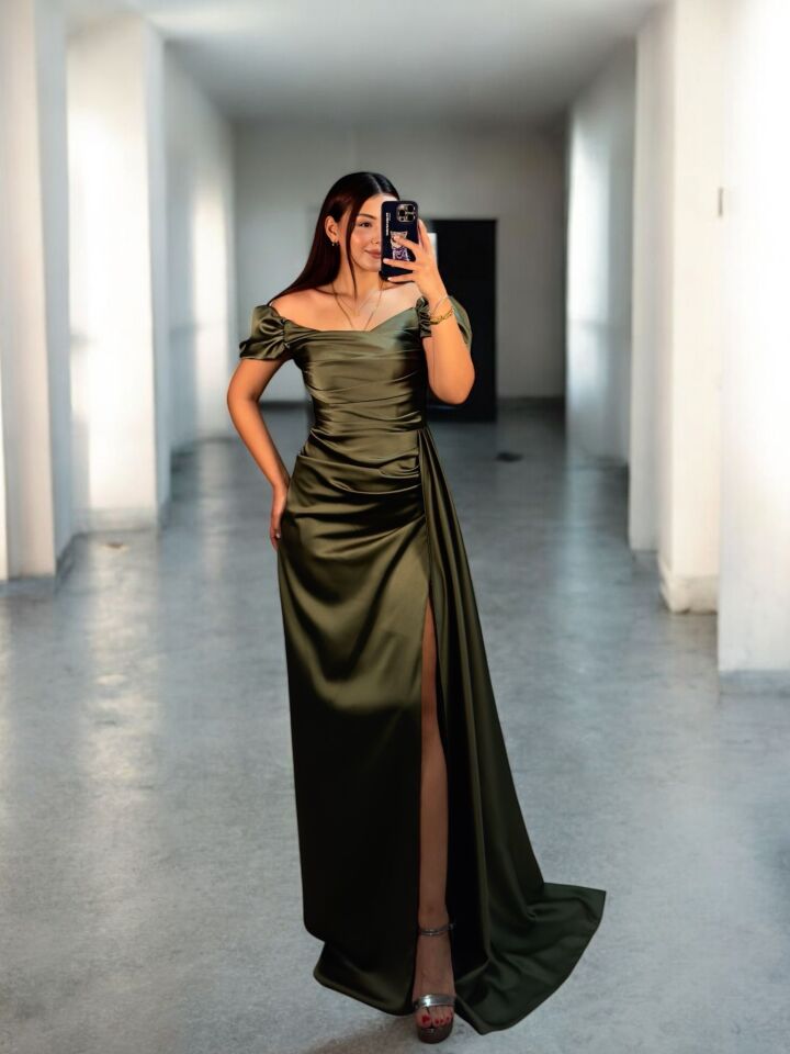 Venis Balon Düşük Kollu Gizli Yırtmaçlı Saten Haki Abiye Elbise 36