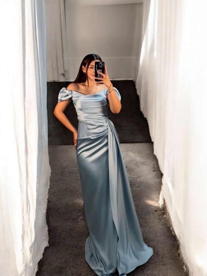 Venis Balon Düşük Kollu Gizli Yırtmaçlı Saten Bebe Mavisi Abiye Elbise 38