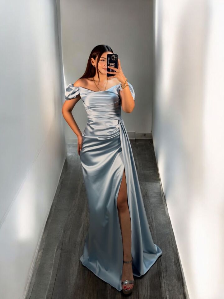 Venis Balon Düşük Kollu Gizli Yırtmaçlı Saten Bebe Mavisi Abiye Elbise 40