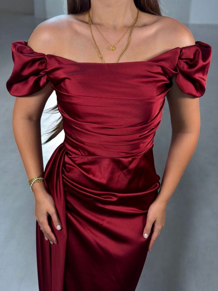 Venis Balon Düşük Kollu Gizli Yırtmaçlı Saten Bordo Abiye Elbise 42