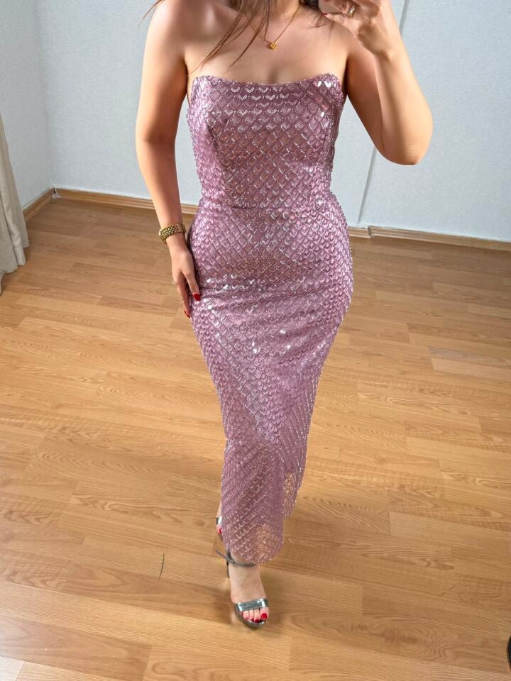 Laves Full Payet Boncuklu Lila Pembe Renk Abiye Elbise 40