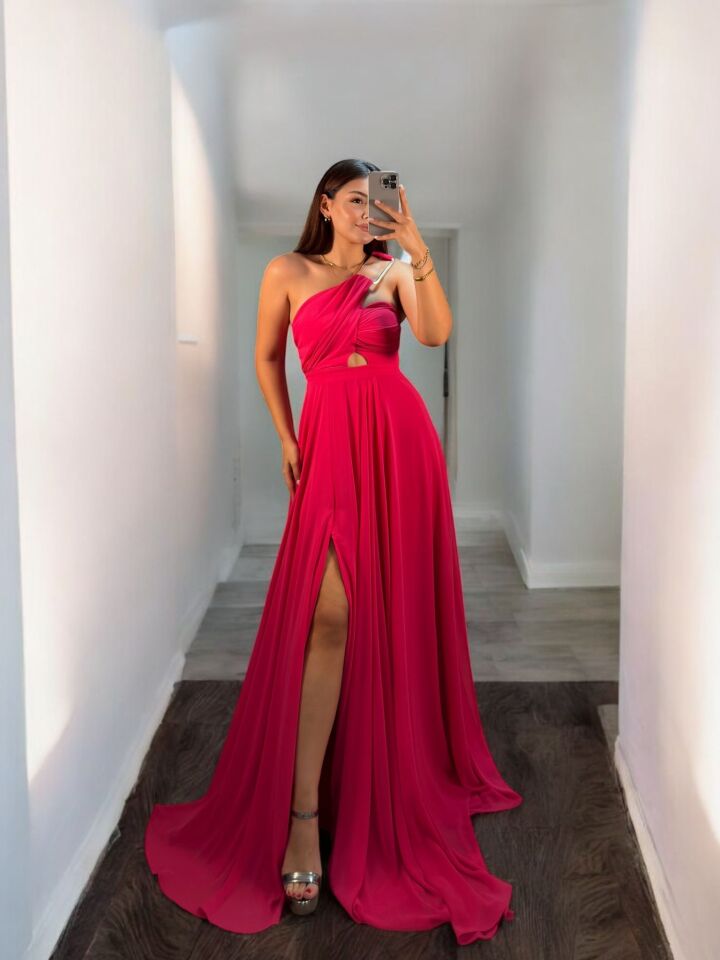 Alya Gold Tokalı Şifon Yırtmaçlı Pembe Abiye Elbise