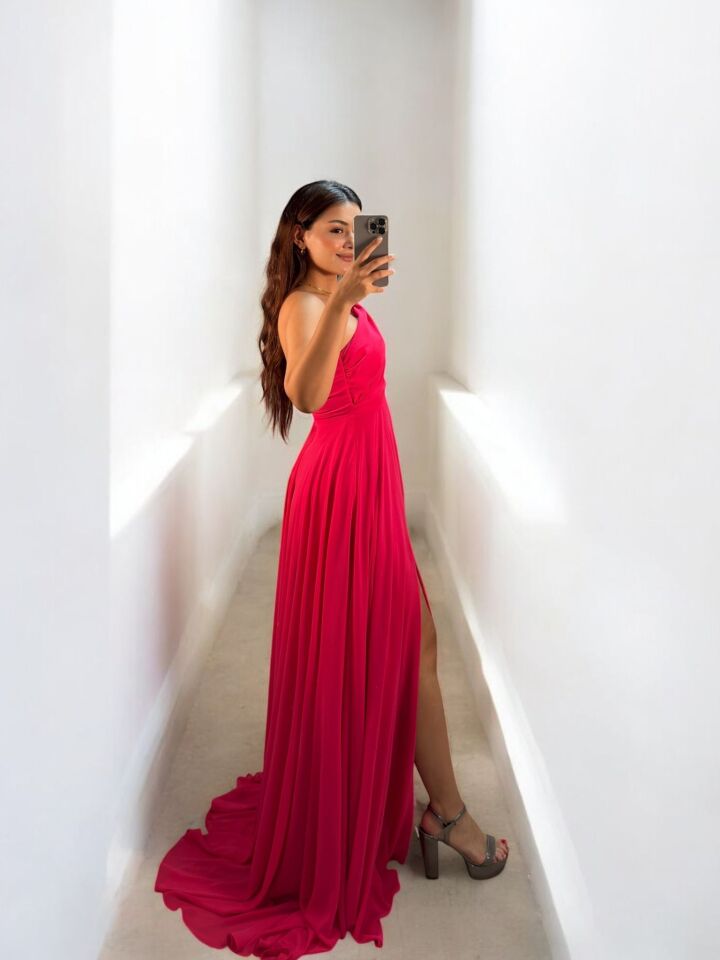 Alya Gold Tokalı Şifon Yırtmaçlı Pembe Abiye Elbise 42