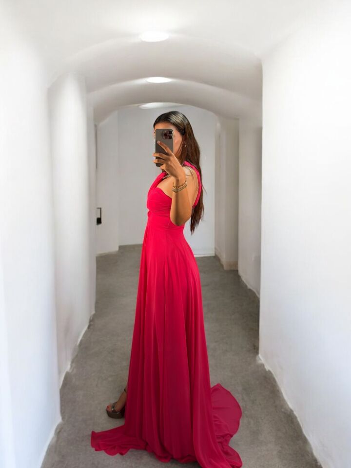 Alya Gold Tokalı Şifon Yırtmaçlı Pembe Abiye Elbise