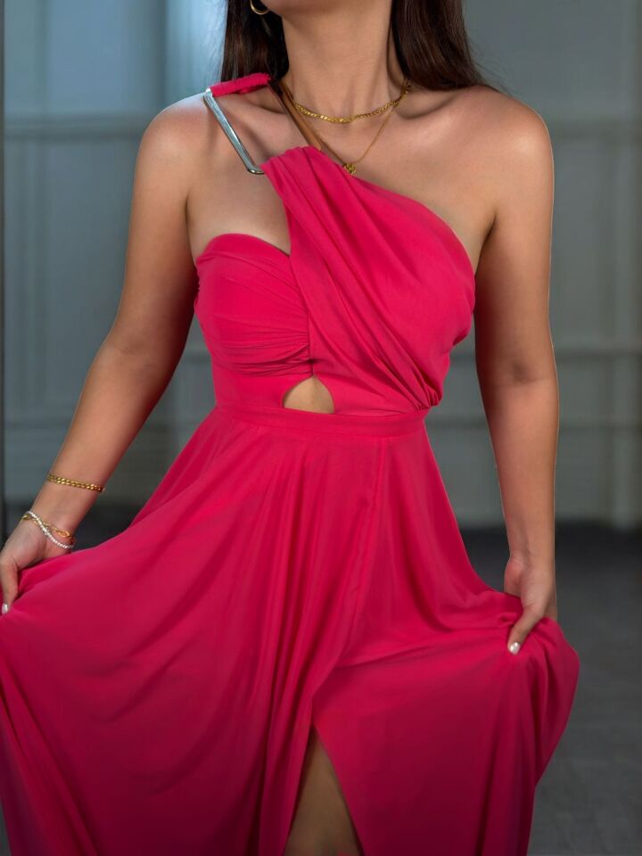 Alya Gold Tokalı Şifon Yırtmaçlı Pembe Abiye Elbise 44