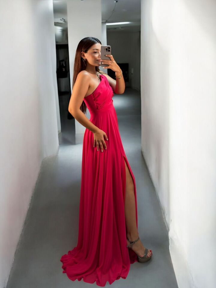 Alya Gold Tokalı Şifon Yırtmaçlı Pembe Abiye Elbise