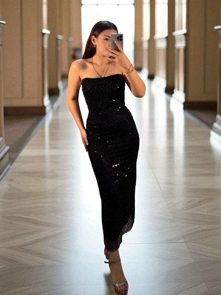 Laves Full Payet Boncuklu Siyah Abiye Elbise 38