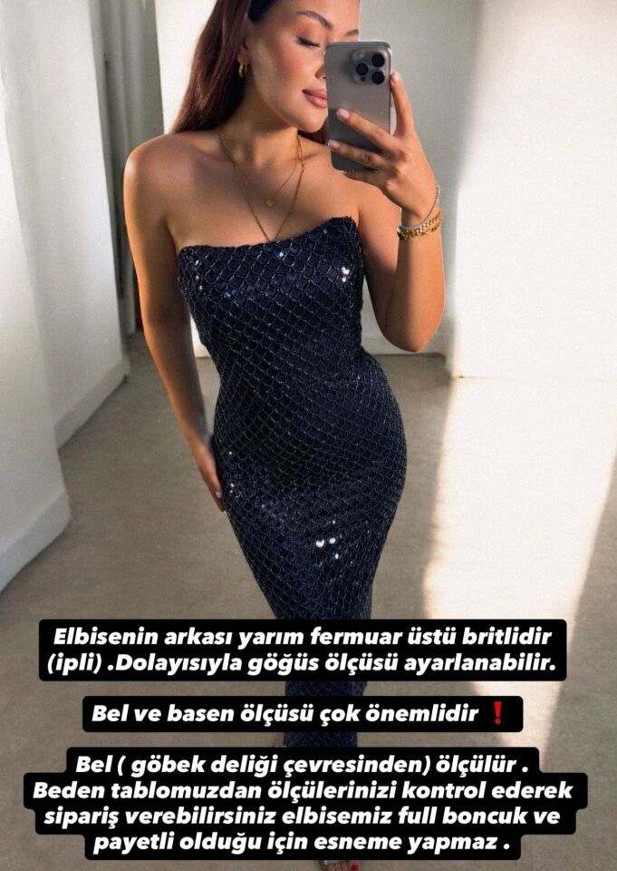 Laves Full Payet Boncuklu Siyah Abiye Elbise 42