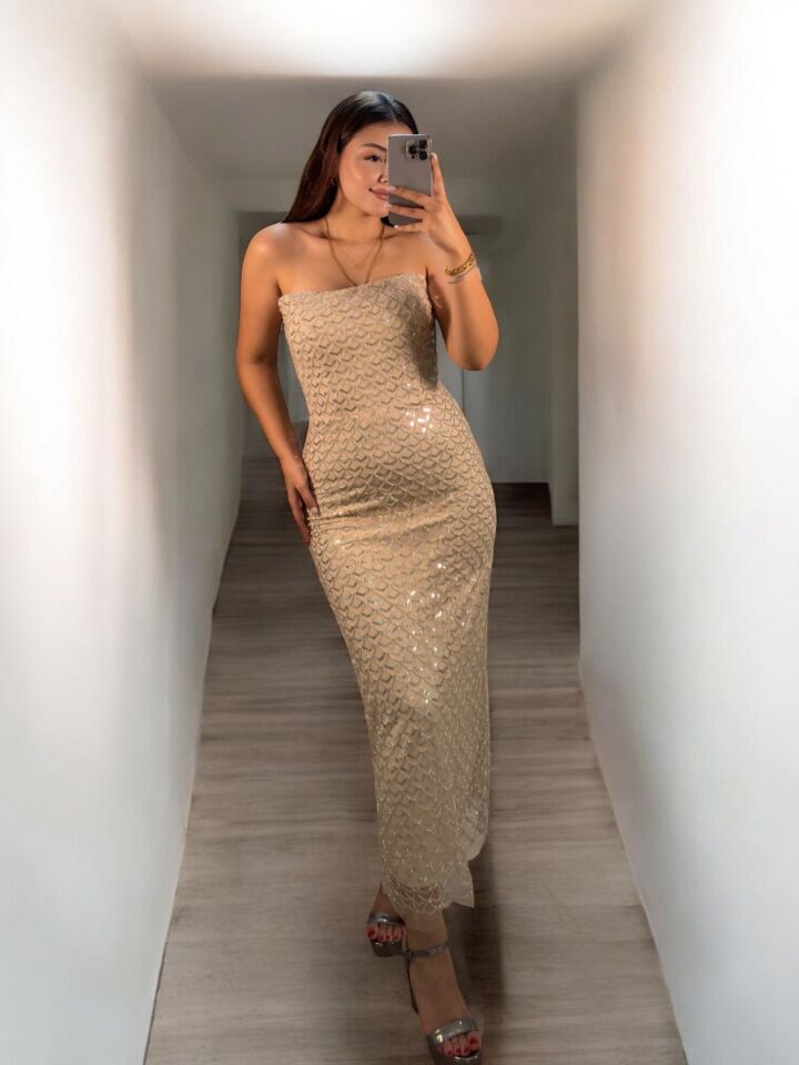 Laves Full Payet Boncuklu Ekru Abiye Elbise 42