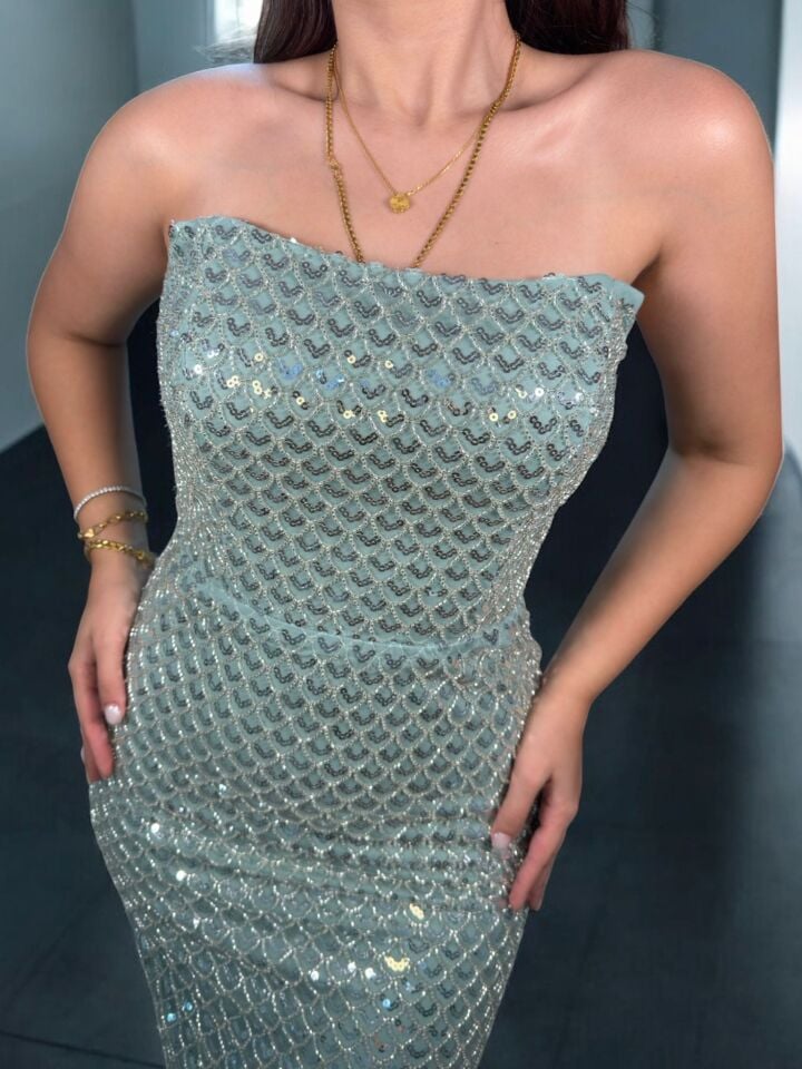 Laves Full Payet Boncuklu Mint Abiye Elbise 36