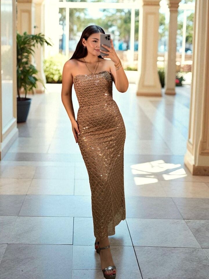 Laves Full Payet Boncuklu Rose Gold Abiye Elbise