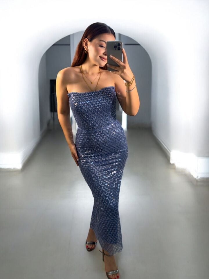 Laves Full Payet Boncuklu İndigo Abiye Elbise 42