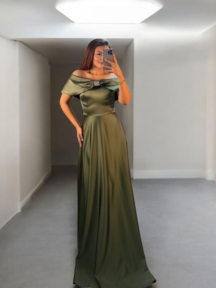 Madonna Yaka Bella Haki Yeşil Abiye Elbise 36