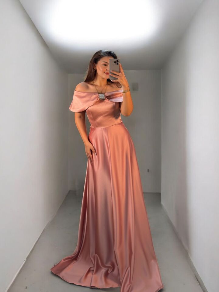 Madonna Yaka Bella Pudra Pembe Abiye Elbise