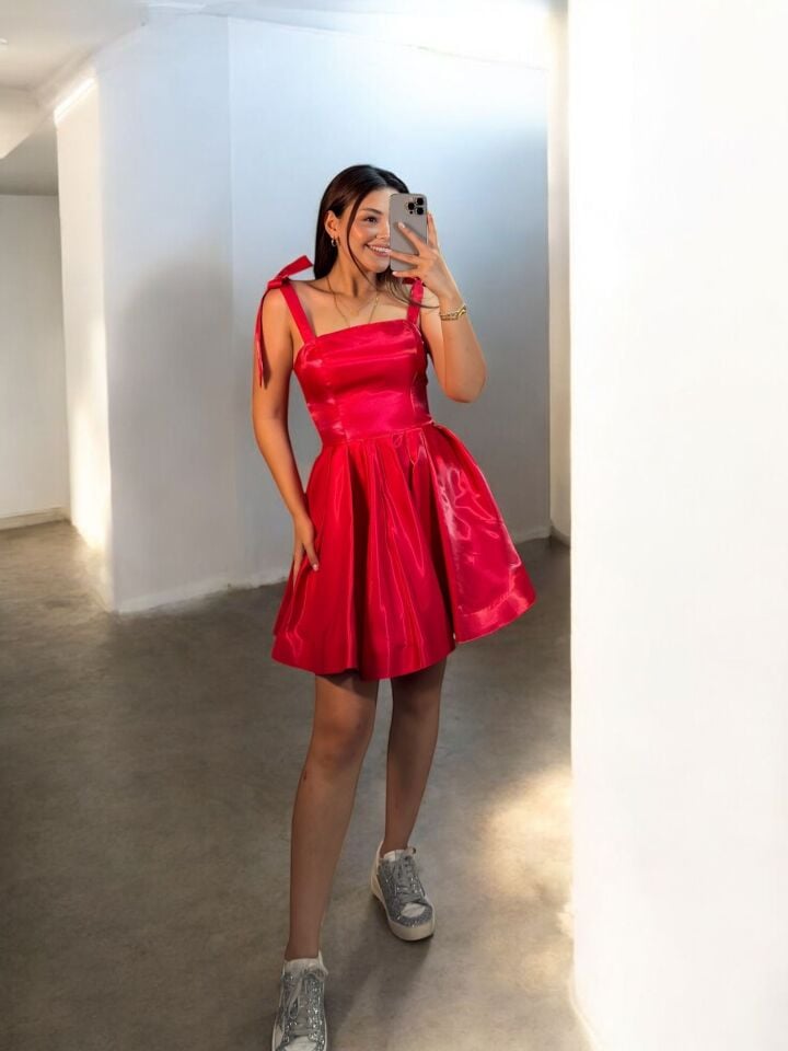 Candy Kısa Hologram Saten Kırmızı Abiye Elbise 40