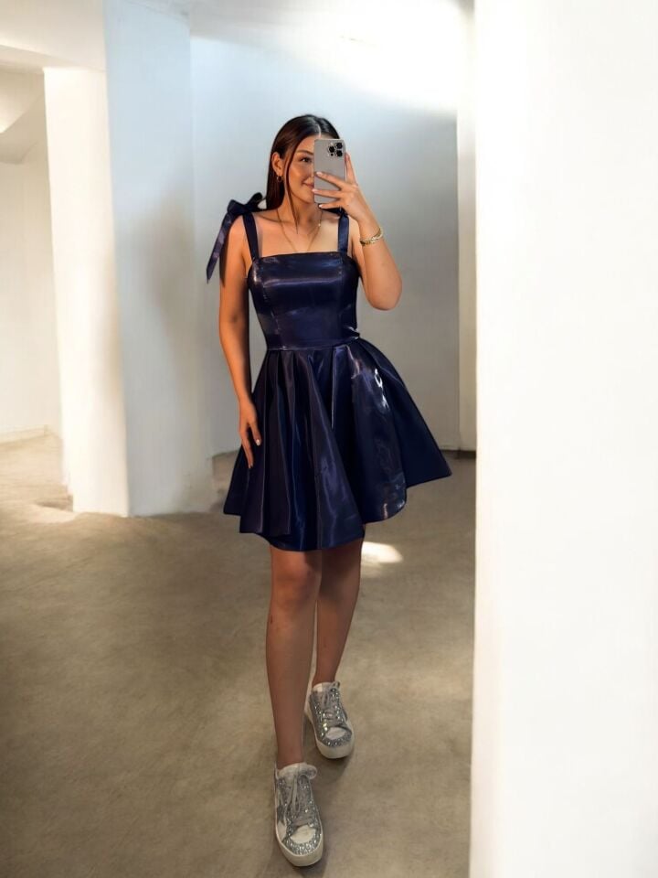 Candy Kısa Hologram Saten Lacivert Abiye Elbise 40