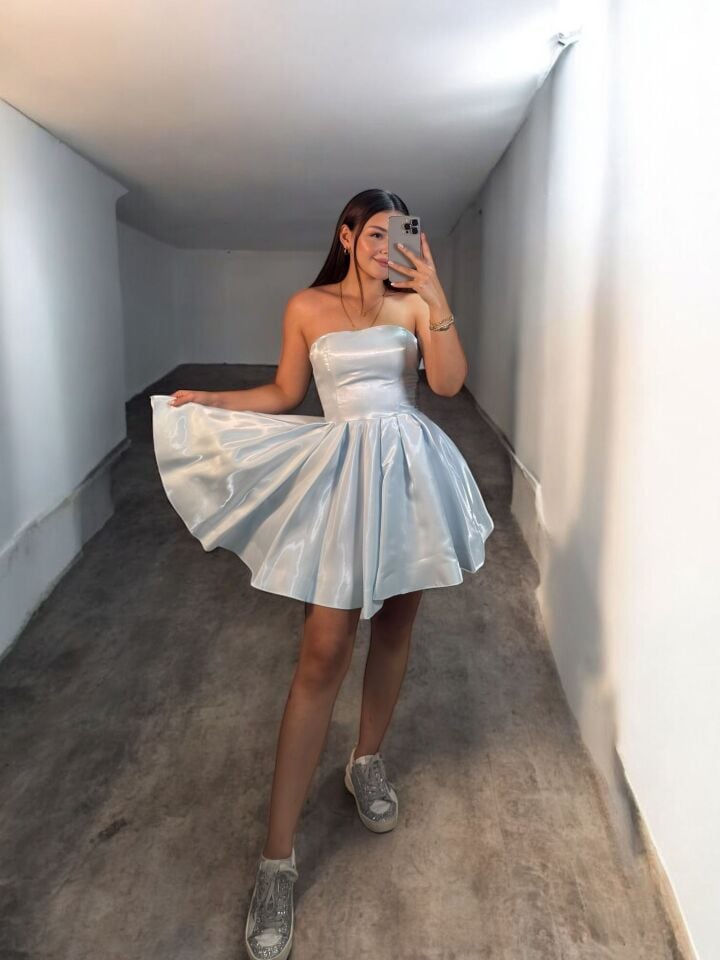 Candy Kısa Hologram Saten Bebe Mavisi Abiye Elbise
