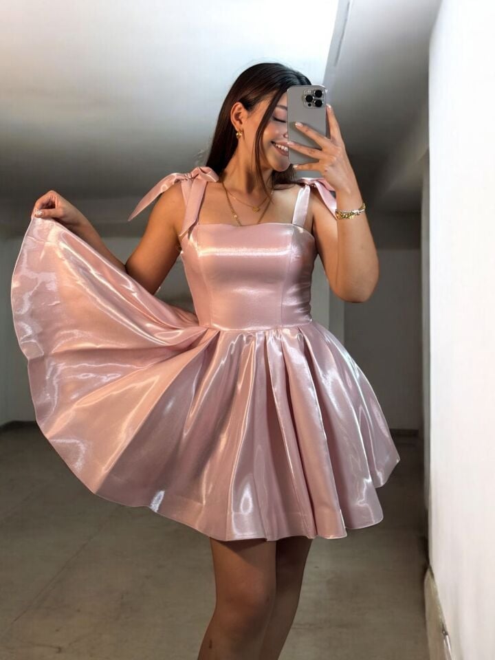 Candy Kısa Hologram Saten Pudra Pembe Abiye Elbise