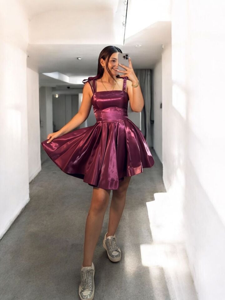Candy Kısa Hologram Saten Bordo Abiye Elbise 36