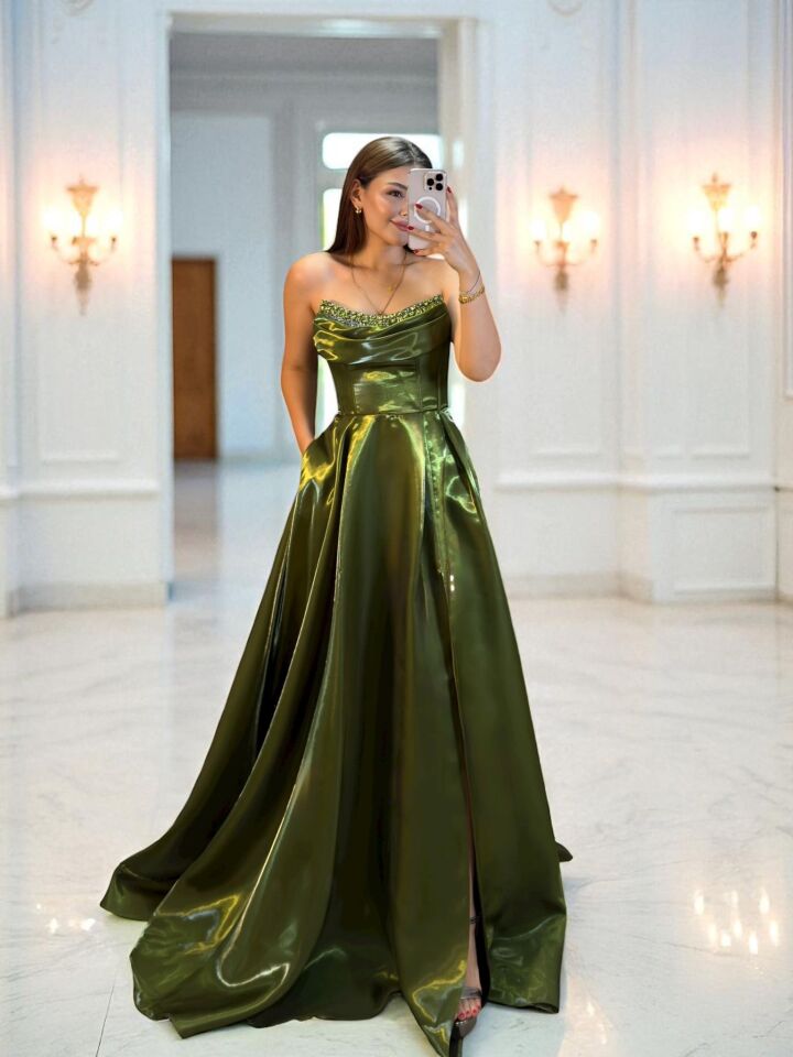 Rozel Göğsü Taşlı Parlak Saten Cepli Yeşil  Abiye Elbise 36