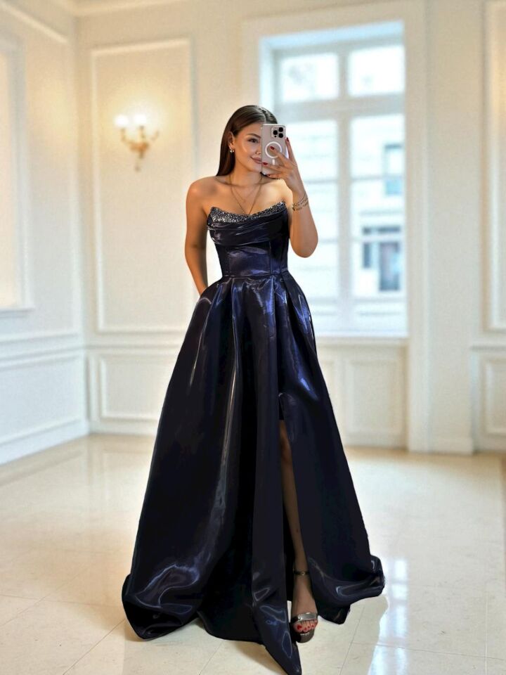 Rozel Göğsü Taşlı Parlak Saten Cepli Lacivert Abiye Elbise 36