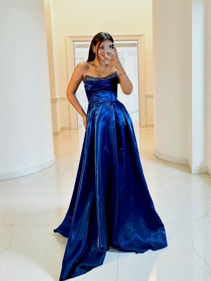 Rozel Göğsü Taşlı Parlak Saten Cepli Saks Mavisi Abiye Elbise 36