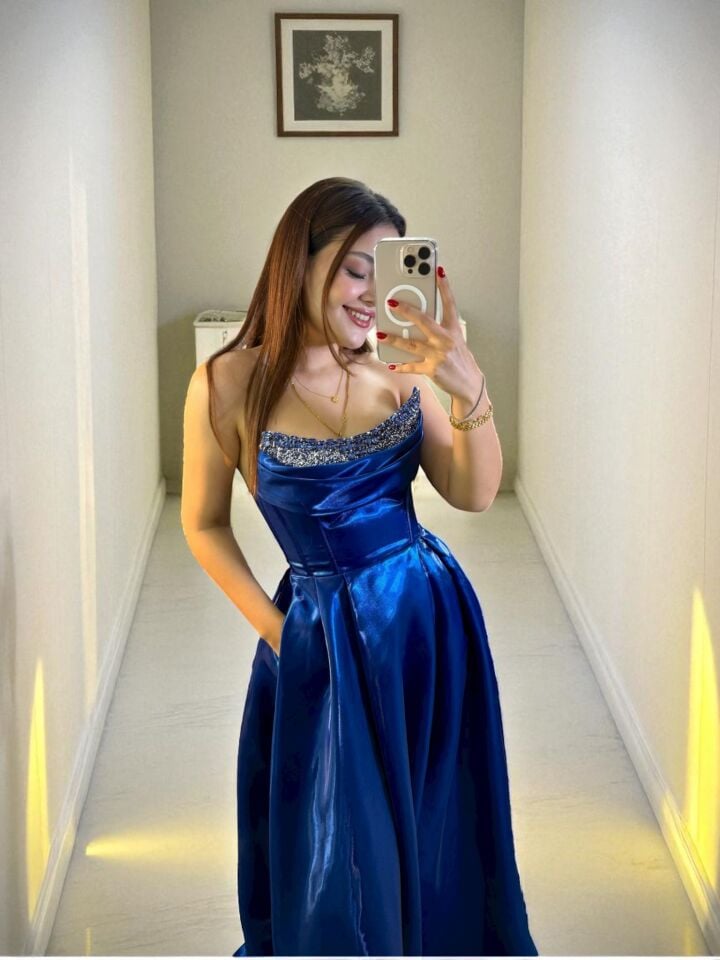 Rozel Göğsü Taşlı Parlak Saten Cepli Saks Mavisi Abiye Elbise 36