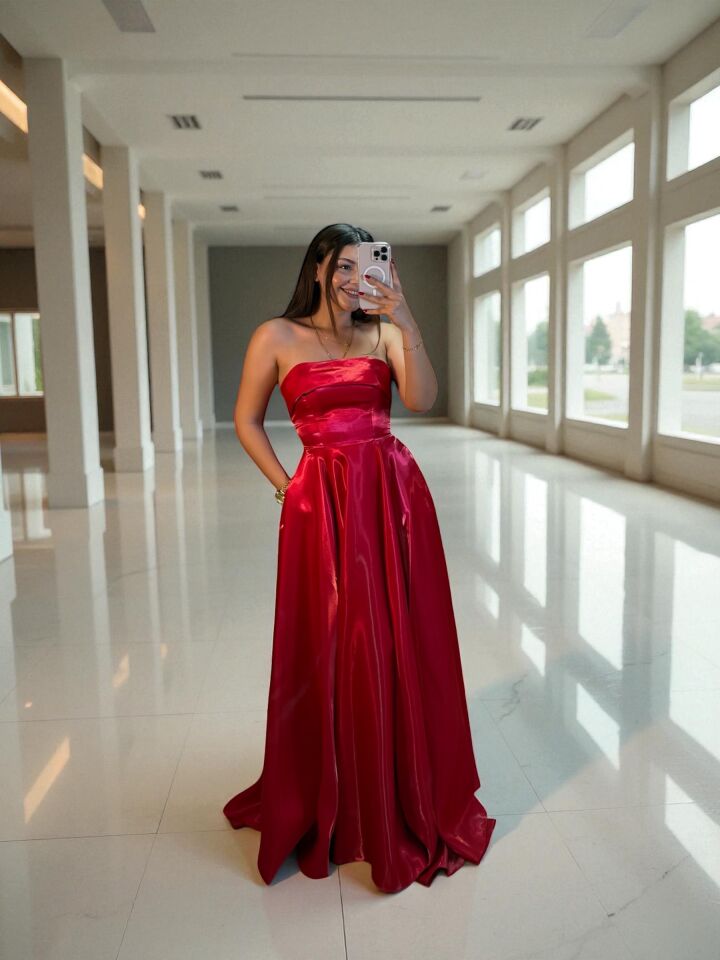 Stella Hologram Saten Straplez Kırmızı Renk Abiye Elbise 40