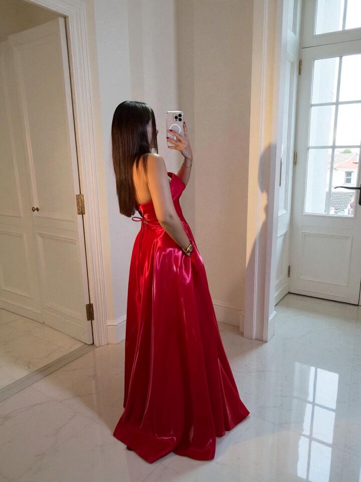Stella Hologram Saten Straplez Kırmızı Renk Abiye Elbise 40