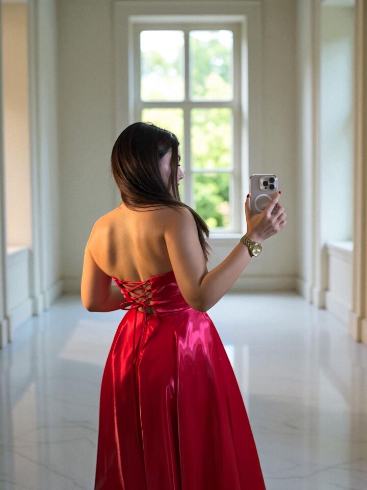 Stella Hologram Saten Straplez Kırmızı Renk Abiye Elbise