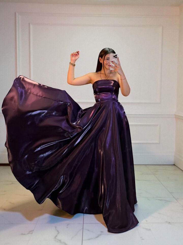 Stella Hologram Saten Straplez Mor Renk Abiye Elbise 36