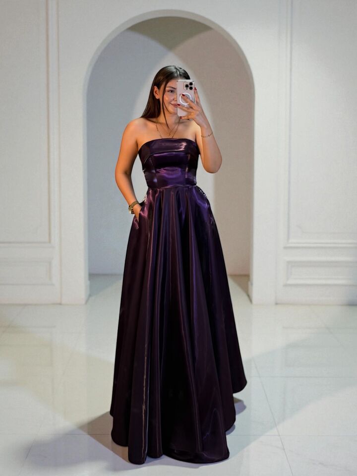 Stella Hologram Saten Straplez Mor Renk Abiye Elbise 40