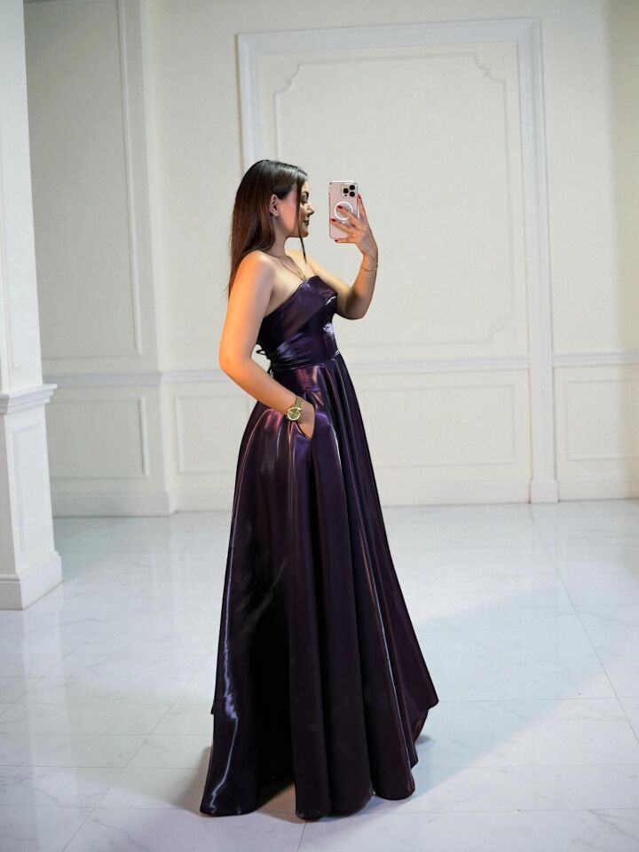 Stella Hologram Saten Straplez Mor Renk Abiye Elbise 40