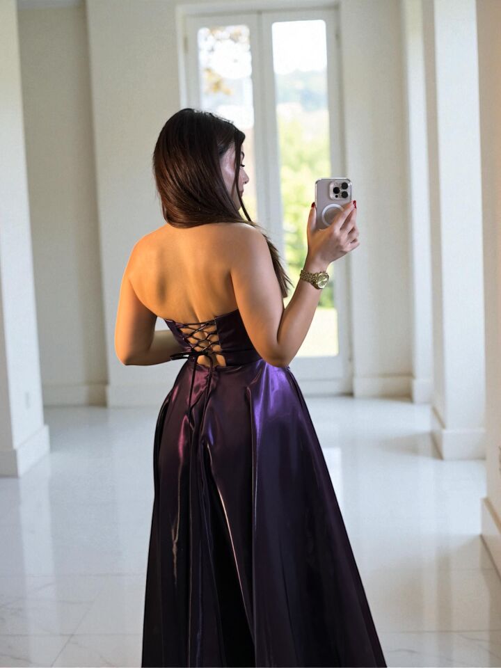 Stella Hologram Saten Straplez Mor Renk Abiye Elbise 36