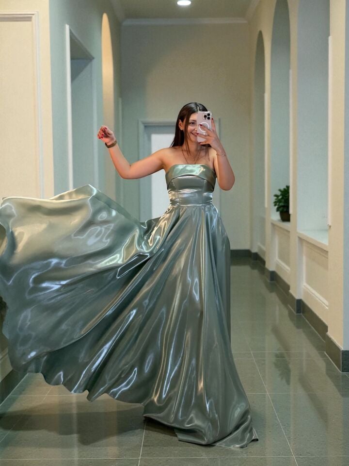 Stella Hologram Saten Straplez Mint Yeşili Renk Abiye Elbise 40
