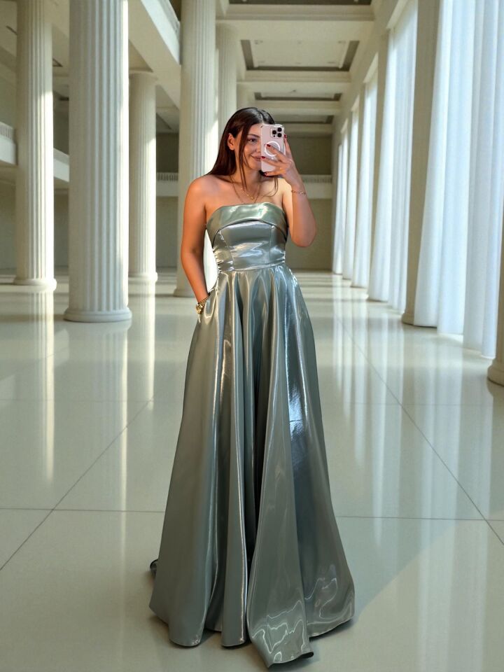 Stella Hologram Saten Straplez Mint Yeşili Renk Abiye Elbise 40
