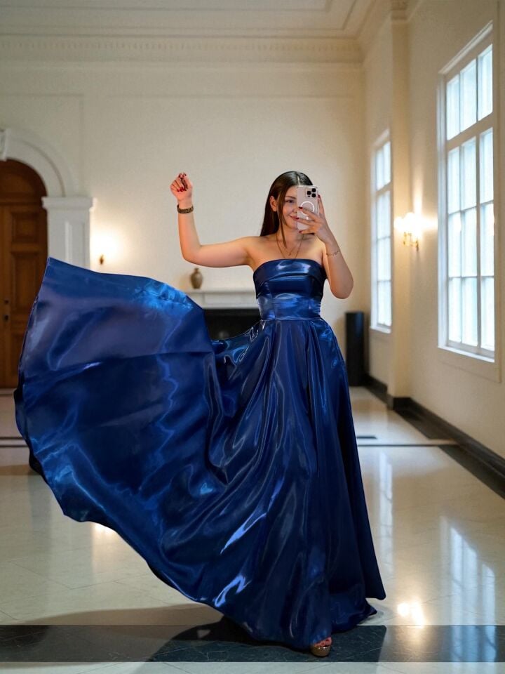 Stella Hologram Saten Straplez Gece Mavi Renk Abiye Elbise 40