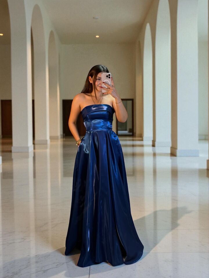 Stella Hologram Saten Straplez Gece Mavi Renk Abiye Elbise 40