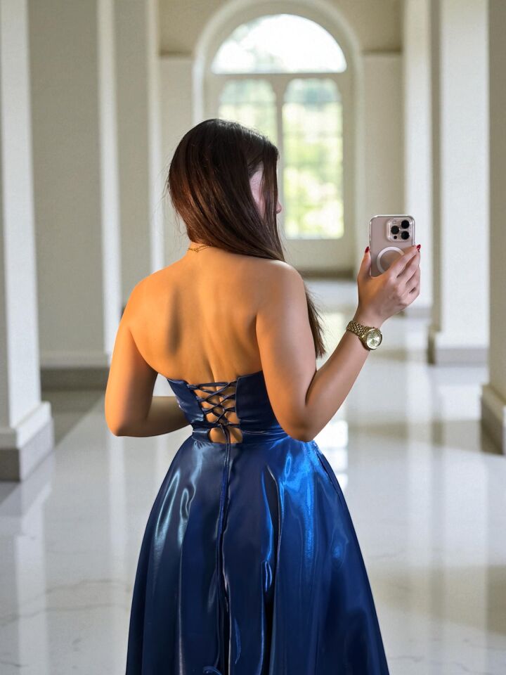 Stella Hologram Saten Straplez Gece Mavi Renk Abiye Elbise