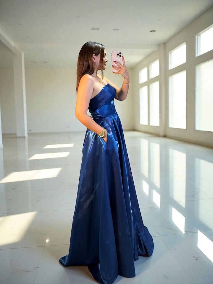 Stella Hologram Saten Straplez Gece Mavi Renk Abiye Elbise 40