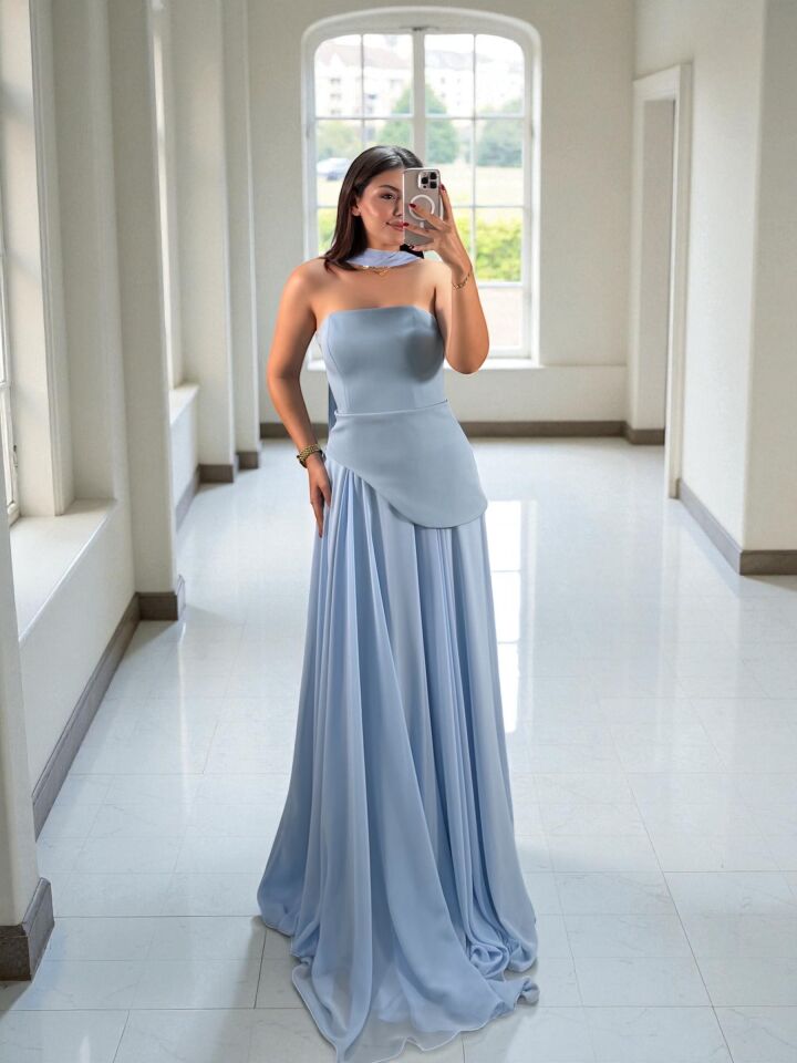 Oriva Korseli Şifon Fular Detaylı Bebe Mavi Abiye Elbise 42