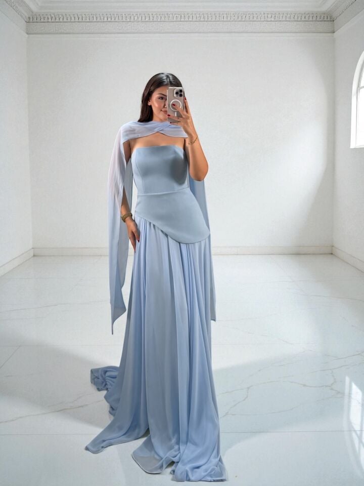 Oriva Korseli Şifon Fular Detaylı Bebe Mavi Abiye Elbise 42