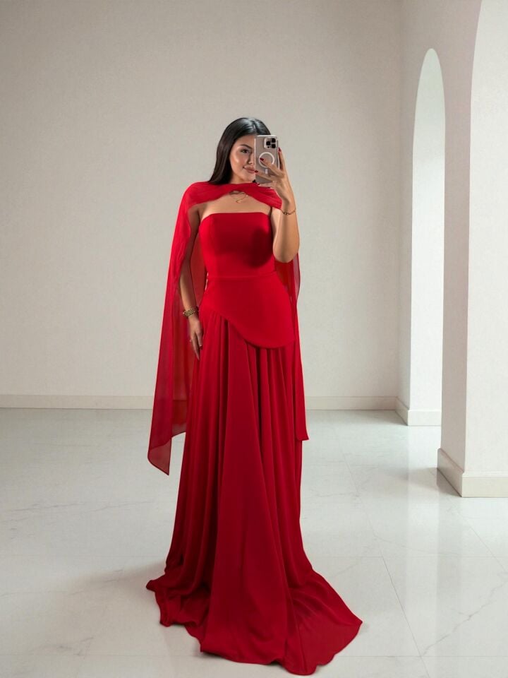 Oriva Korseli Şifon Fular Detaylı Kırmızı Abiye Elbise 36